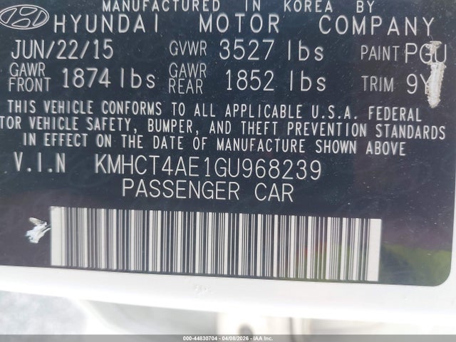 2016 Hyundai Accent Se მანქანა იყიდება აუქციონზე, vin: KMHCT4AE1GU968239, აუქციონის ნომერი: 44830704