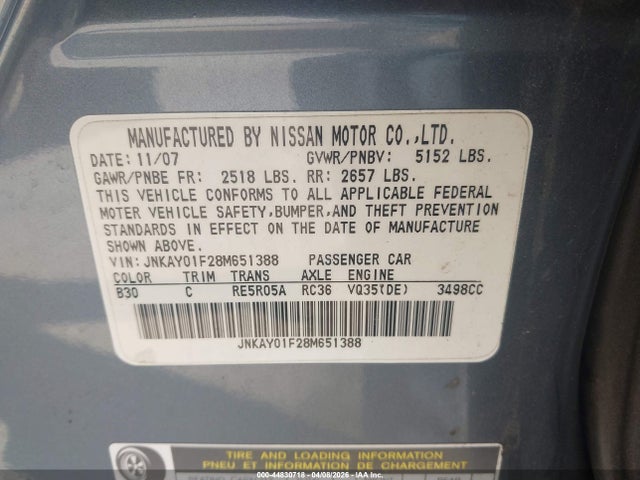2008 Infiniti M35x მანქანა იყიდება აუქციონზე, vin: JNKAY01F28M651388, აუქციონის ნომერი: 44830718