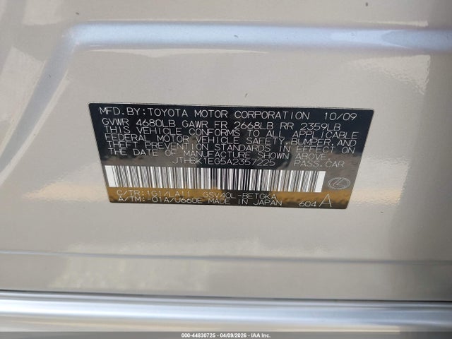 44830725 :رقم المزاد ، JTHBK1EG5A2357225 vin ، 2010 Lexus Es 350 مزاد بيع