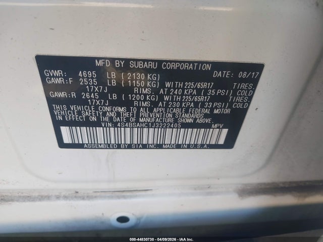 44830730 :رقم المزاد ، 4S4BSAHC1J3222405 vin ، 2018 Subaru Outback 2.5i Premium مزاد بيع