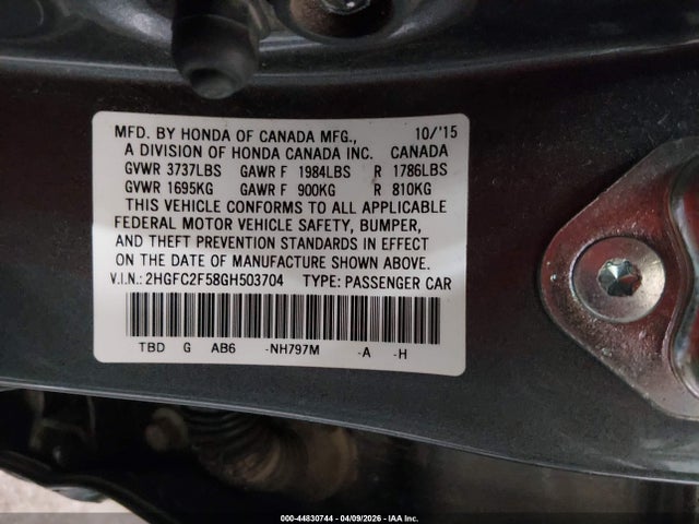 2016 Honda Civic Lx მანქანა იყიდება აუქციონზე, vin: 2HGFC2F58GH503704, აუქციონის ნომერი: 44830744