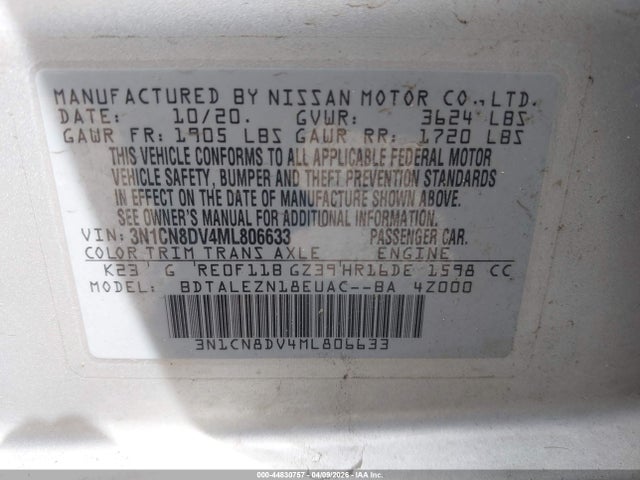 2021 Nissan Versa S Xtronic Cvt მანქანა იყიდება აუქციონზე, vin: 3N1CN8DV4ML806633, აუქციონის ნომერი: 44830757