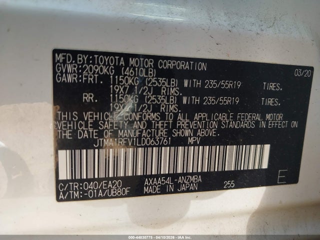 Продаж на аукціоні авто 2020 Toyota Rav4 Xle Premium, vin: JTMA1RFV1LD063761, номер лоту: 44830775