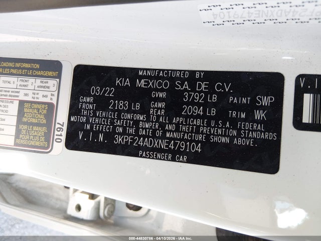 Продажа на аукционе авто 2022 Kia Forte Lxs, vin: 3KPF24ADXNE479104, номер лота: 44830786
