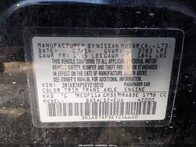 3N1AB7AP5EY216610 Nissan Sentra Fe+ S/fe+ Sv/s/sl/sr/sv