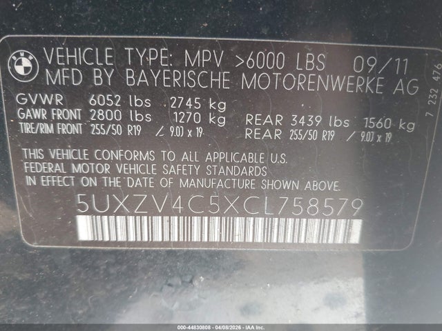 Aukcja sprzedaży 2012 Bmw X5 Xdrive35i/xdrive35i Premium/xdrive35i Sport Activity, vin: 5UXZV4C5XCL758579, numer aukcji: 44830808