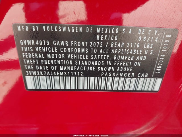 2014 Volkswagen Jetta 2.0l S მანქანა იყიდება აუქციონზე, vin: 3VW2K7AJ4EM311712, აუქციონის ნომერი: 44830810