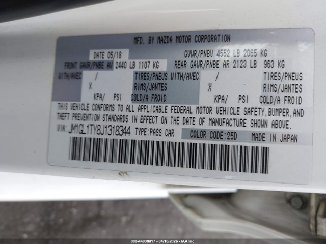 Продажа на аукционе авто 2018 Mazda Mazda6 Grand Touring, vin: JM1GL1TY8J1318344, номер лота: 44830817