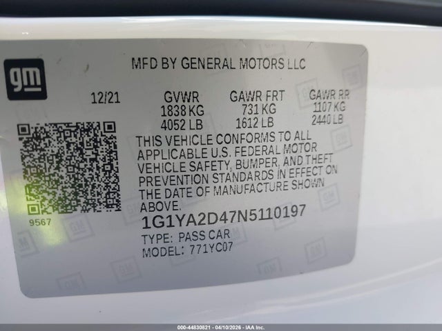 Продажа на аукционе авто 2022 Chevrolet Corvette Stingray Rwd  1lt, vin: 1G1YA2D47N5110197, номер лота: 44830821