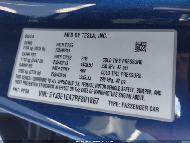 Продажа на аукционе авто 2024 Tesla Model 3 Long Range Dual Motor All-wheel Drive/rear-wheel Drive, vin: 5YJ3E1EA7RF801867, номер лота: 44830825