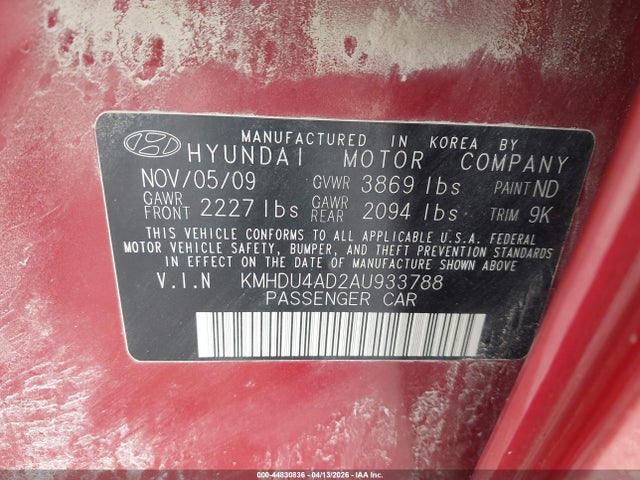 2010 Hyundai Elantra Gls მანქანა იყიდება აუქციონზე, vin: KMHDU4AD2AU933788, აუქციონის ნომერი: 44830836