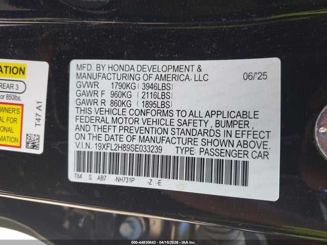 Aukcja sprzedaży 2025 Honda Civic Sedan Sport, vin: 19XFL2H89SE033239, numer aukcji: 44830843