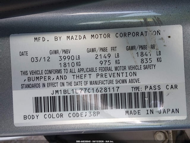 44830848 :رقم المزاد ، JM1BL1L77C1628117 vin ، 2012 Mazda Mazda3 I Touring مزاد بيع