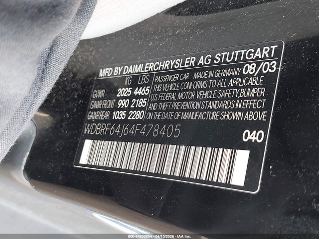 2004 Mercedes-benz C 320 Sport მანქანა იყიდება აუქციონზე, vin: WDBRF64J64F478405, აუქციონის ნომერი: 44830854