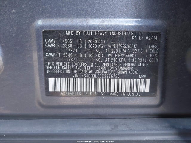 Продаж на аукціоні авто 2014 Subaru Outback 2.5i Limited, vin: 4S4BRBLC0E3286725, номер лоту: 44830863