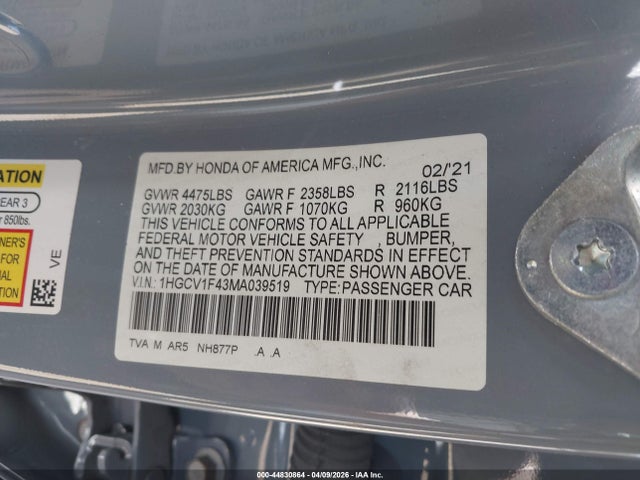 Aukcja sprzedaży 2021 Honda Accord Sport Special Edition, vin: 1HGCV1F43MA039519, numer aukcji: 44830864