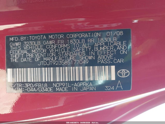 Aukcja sprzedaży 2008 Toyota Yaris, vin: JTDJT923585177049, numer aukcji: 44830874