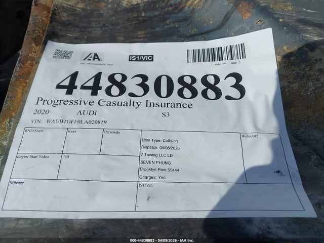 Продаж на аукціоні авто 2020 Audi S3 Premium Tfsi Quattro S Tronic, vin: WAUB1GFF0LA020819, номер лоту: 44830883