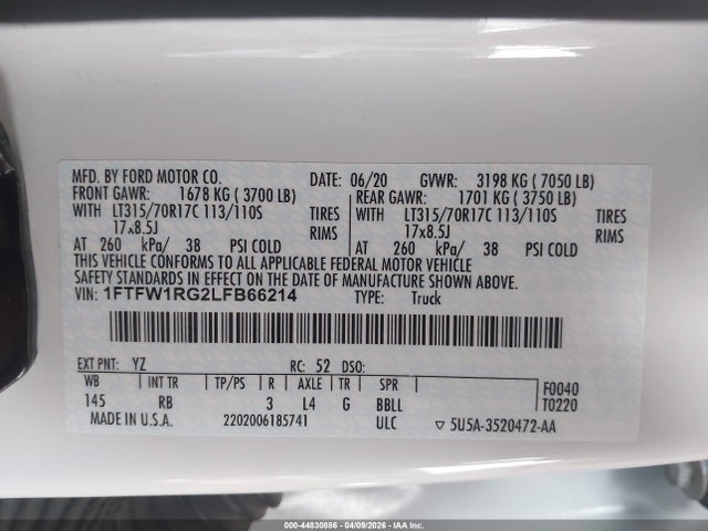 44830886 :رقم المزاد ، 1FTFW1RG2LFB66214 vin ، 2020 Ford F-150 Raptor مزاد بيع