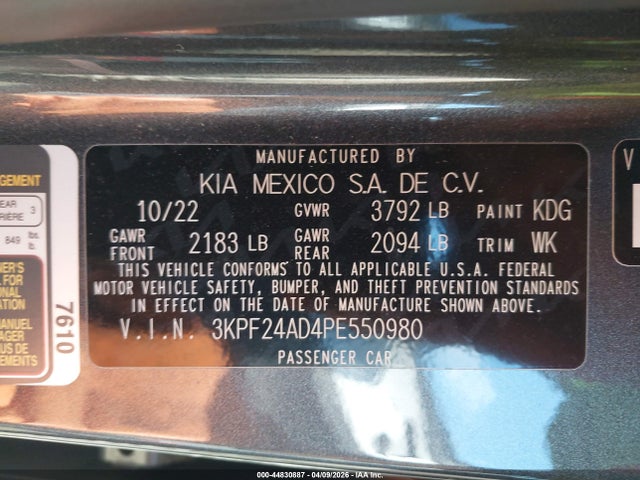 Aukcja sprzedaży 2023 Kia Forte Lxs, vin: 3KPF24AD4PE550980, numer aukcji: 44830887