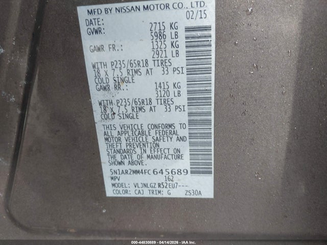 Продаж на аукціоні авто 2015 Nissan Pathfinder Sl, vin: 5N1AR2MM4FC645689, номер лоту: 44830889