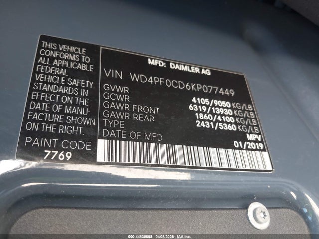 Aukcja sprzedaży 2019 Mercedes-benz Sprinter 2500 Standard Roof V6, vin: WD4PF0CD6KP077449, numer aukcji: 44830898