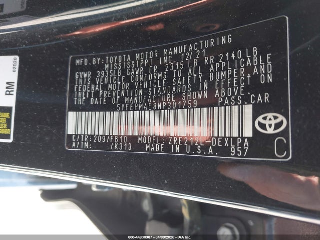 Aukcja sprzedaży 2022 Toyota Corolla Le, vin: 5YFEPMAE8NP301759, numer aukcji: 44830907