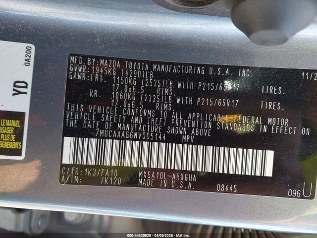 44830928 :رقم المزاد ، 7MUCAAAG6NV005144 vin ، 2022 Toyota Corolla Cross Le مزاد بيع