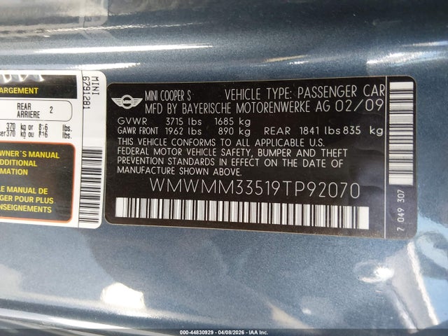 2009 MINI COOPER S CLUBMAN WMWMM33519TP92070 Photo 8