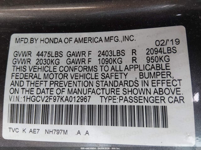 Aukcja sprzedaży 2019 Honda Accord Touring 2.0t, vin: 1HGCV2F97KA012967, numer aukcji: 44830954