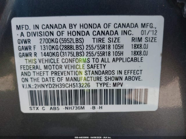 44830956 :رقم المزاد ، 2HNYD2H39CH513226 vin ، 2012 Acura Mdx Technology Package مزاد بيع