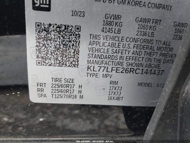 Aukcja sprzedaży 2024 Chevrolet Trax Fwd Sp, vin: KL77LFE26RC144437, numer aukcji: 44830961