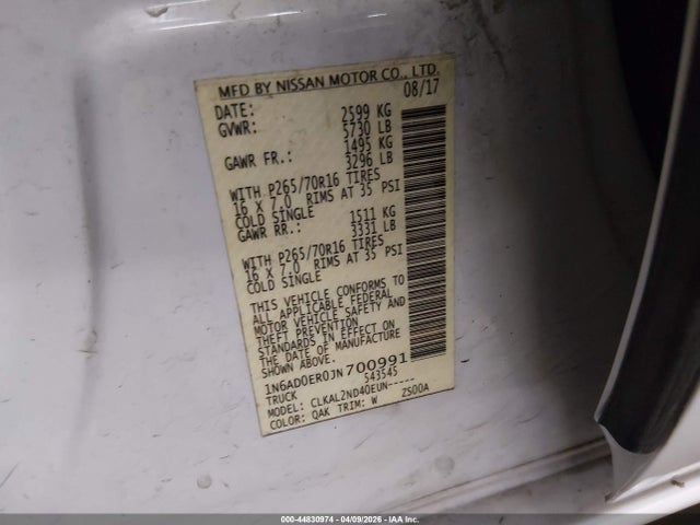 1N6AD0ER0JN700991 Nissan Frontier Sv
