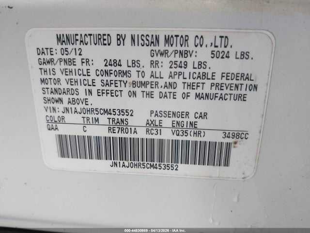 Auction sale of the 2012 Infiniti Ex35 Journey, vin: JN1AJ0HR5CM453552, lot number: 44830989