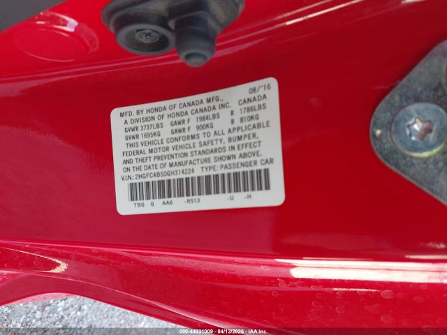 44831009 :رقم المزاد ، 2HGFC4B50GH314224 vin ، 2016 Honda Civic Lx مزاد بيع
