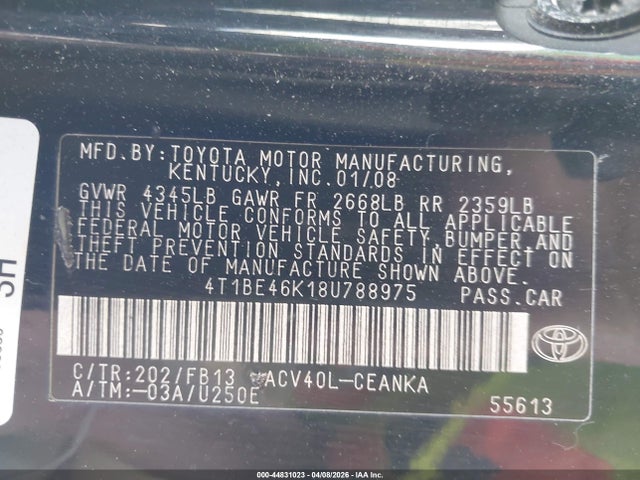 2008 TOYOTA CAMRY 4T1BE46K18U788975 Photo 8