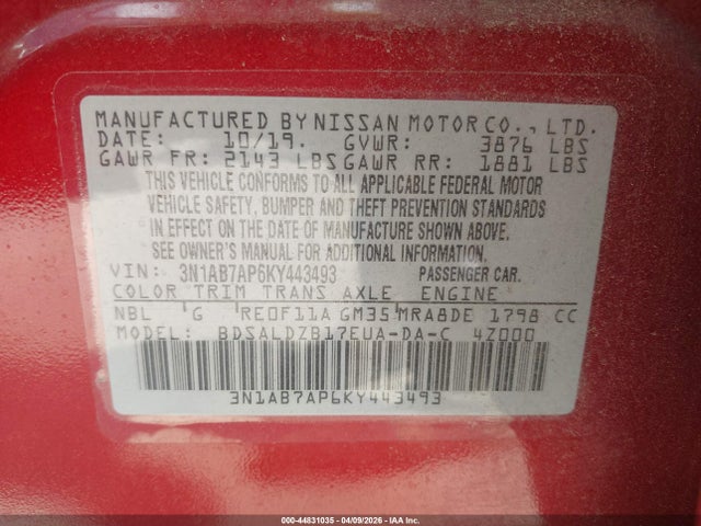 Aukcja sprzedaży 2019 Nissan Sentra Sv, vin: 3N1AB7AP6KY443493, numer aukcji: 44831035