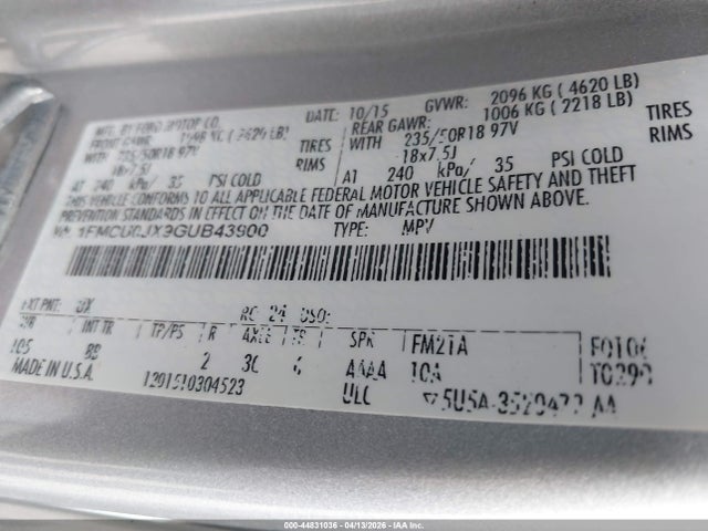 Продажа на аукционе авто 2016 Ford Escape Titanium, vin: 1FMCU0JX9GUB43900, номер лота: 44831036