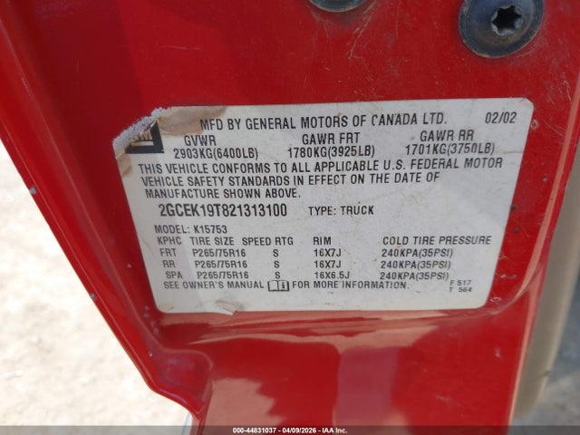 44831037 :رقم المزاد ، 2GCEK19T821313100 vin ، 2002 Chevrolet Silverado 1500 Ls مزاد بيع