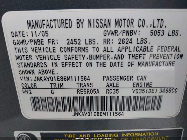 2006 Infiniti M35 მანქანა იყიდება აუქციონზე, vin: JNKAY01E86M111564, აუქციონის ნომერი: 44831053
