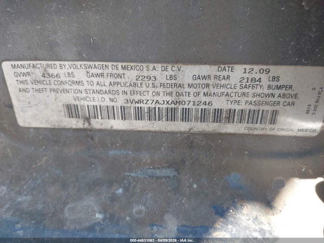 2010 Volkswagen Jetta Se მანქანა იყიდება აუქციონზე, vin: 3VWRZ7AJXAM071246, აუქციონის ნომერი: 44831063