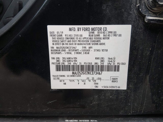 2019 Ford Ecosport Se მანქანა იყიდება აუქციონზე, vin: MAJ3S2GE2KC273467, აუქციონის ნომერი: 44831064