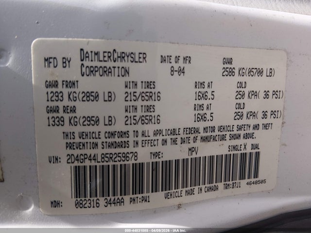 Продажа на аукционе авто 2005 Dodge Grand Caravan Sxt, vin: 2D4GP44L85R259678, номер лота: 44831085