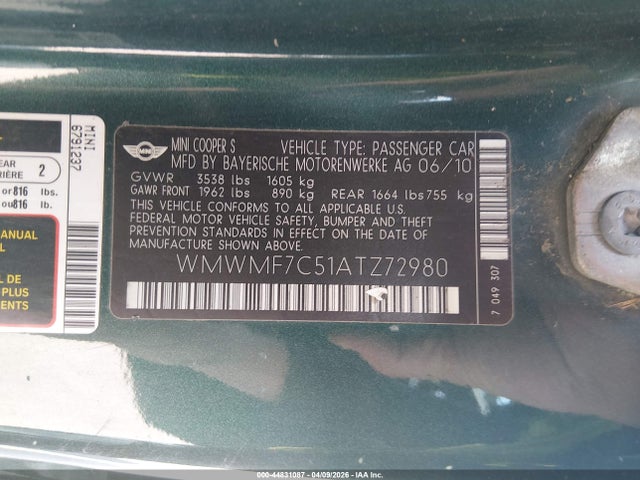 2010 MINI COOPER S WMWMF7C51ATZ72980 Photo 8
