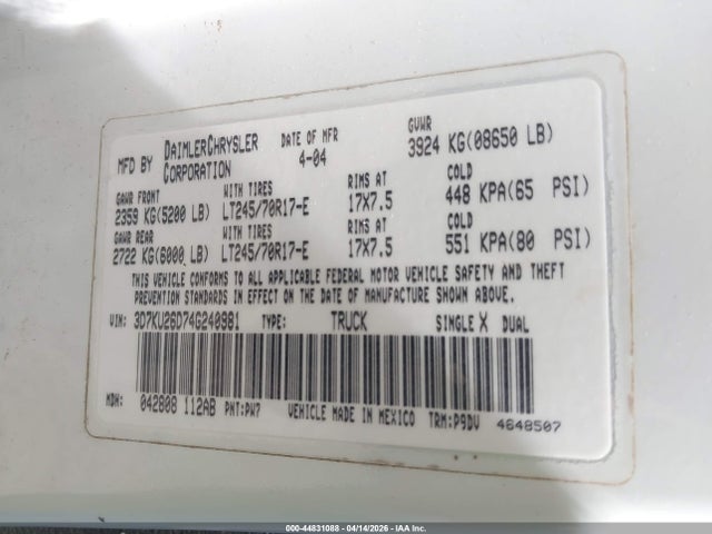 Продажа на аукционе авто 2004 Dodge Ram 2500 St, vin: 3D7KU26D74G240981, номер лота: 44831088