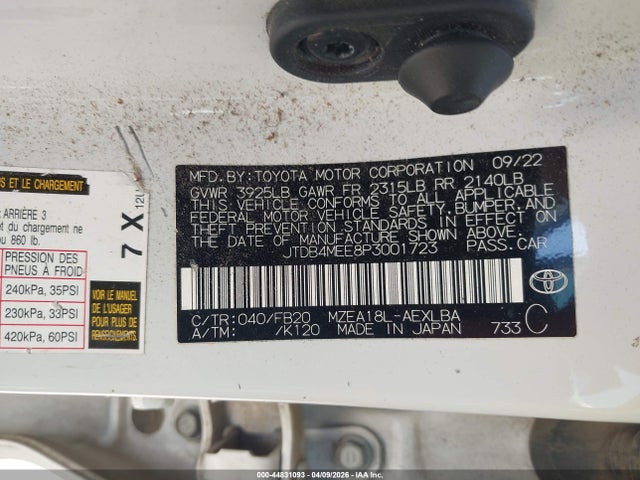 2023 Toyota Corolla Le მანქანა იყიდება აუქციონზე, vin: JTDB4MEE8P3001723, აუქციონის ნომერი: 44831093