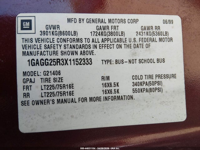 1999 CHEVROLET EXPRESS 1GAGG25R3X1152333 Photo 8