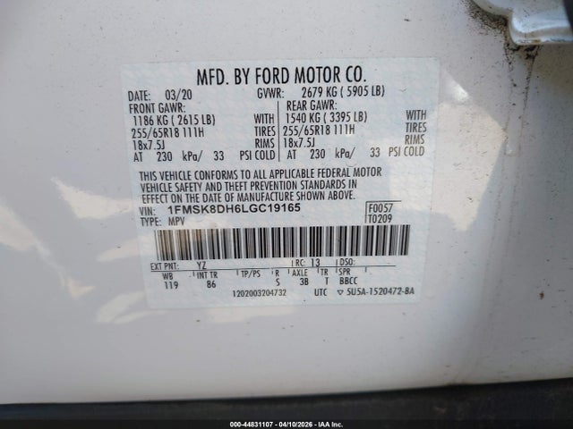 44831107 :رقم المزاد ، 1FMSK8DH6LGC19165 vin ، 2020 Ford Explorer Xlt مزاد بيع
