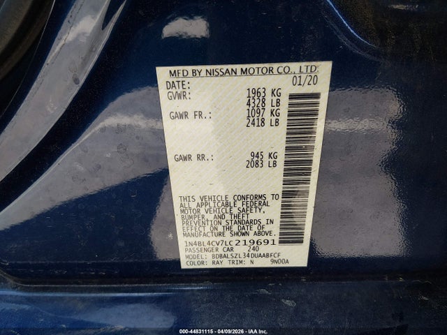 44831115 :رقم المزاد ، 1N4BL4CV7LC219691 vin ، 2020 Nissan Altima Sr Fwd مزاد بيع