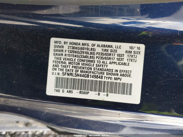 5FNRL5H44GB149848 Honda ODYSSEY EX